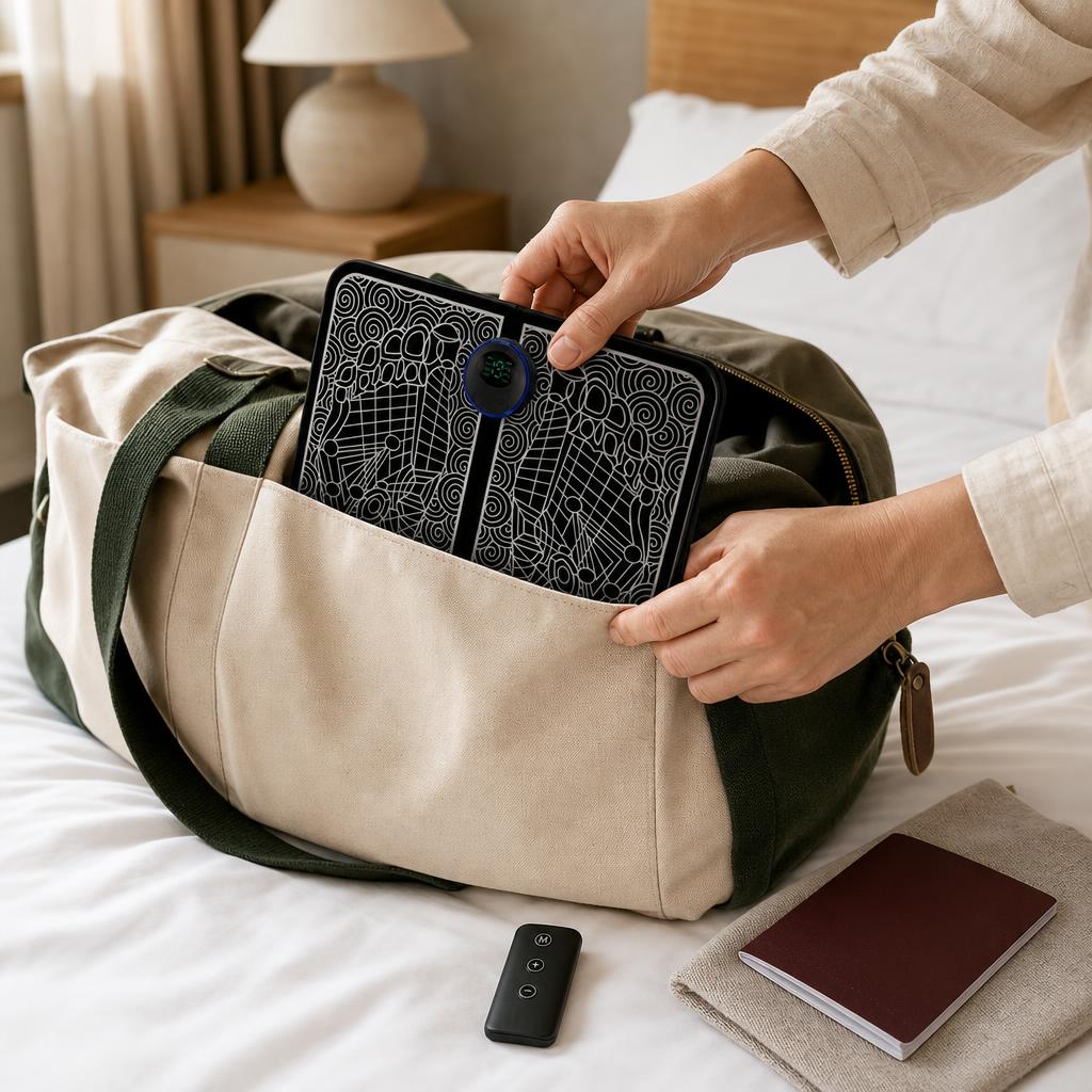 Packing the folded Rydo mat into a travel bag
