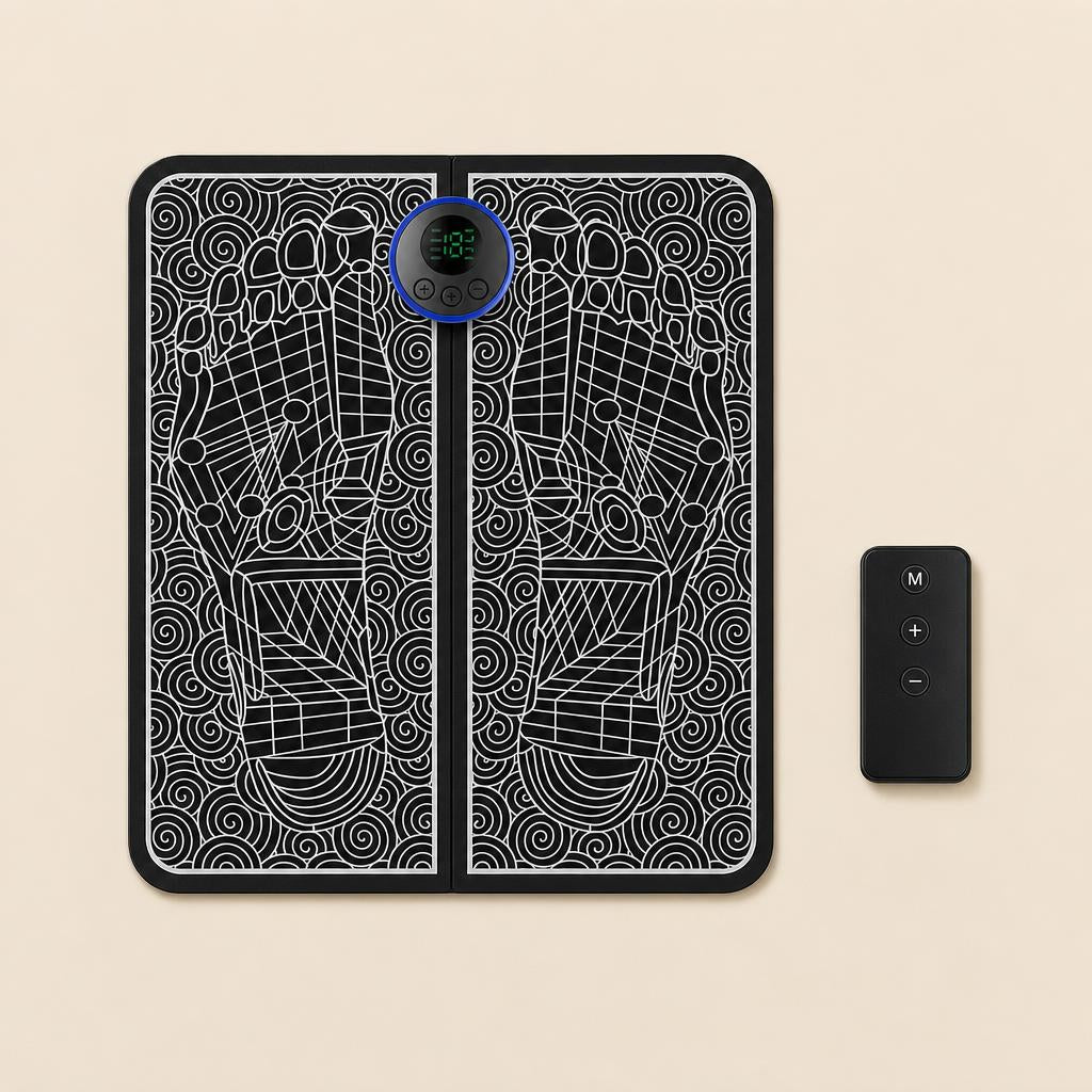 Rydo EMS foot massager mat with wireless remote, top view