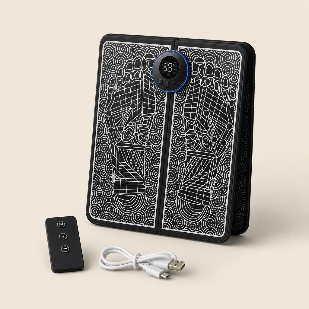 Rydo foot mat folded flat with remote and USB cable